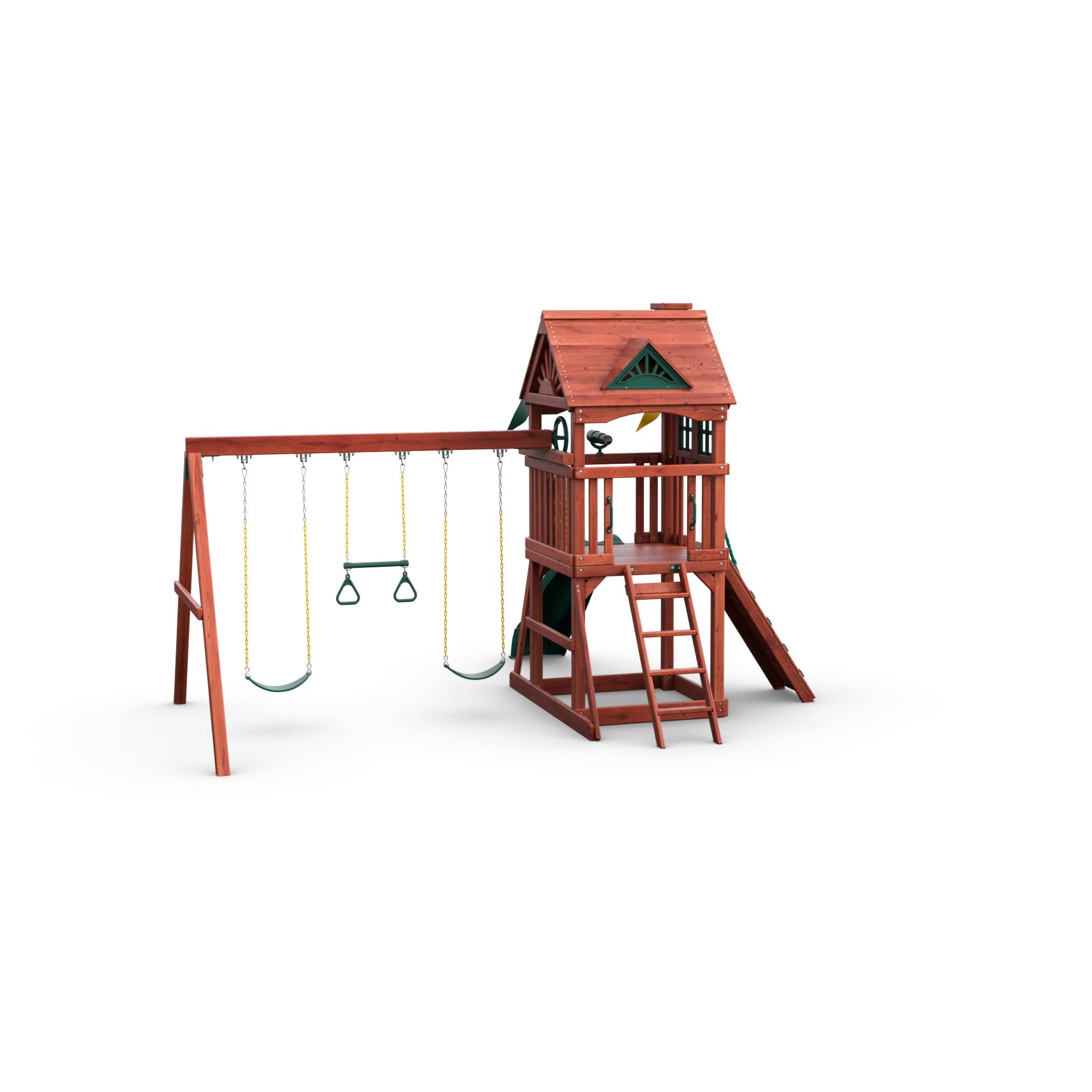 Redwood-finished wooden playset with clubhouse, two belt swings, trapeze bar, climbing wall, and slide