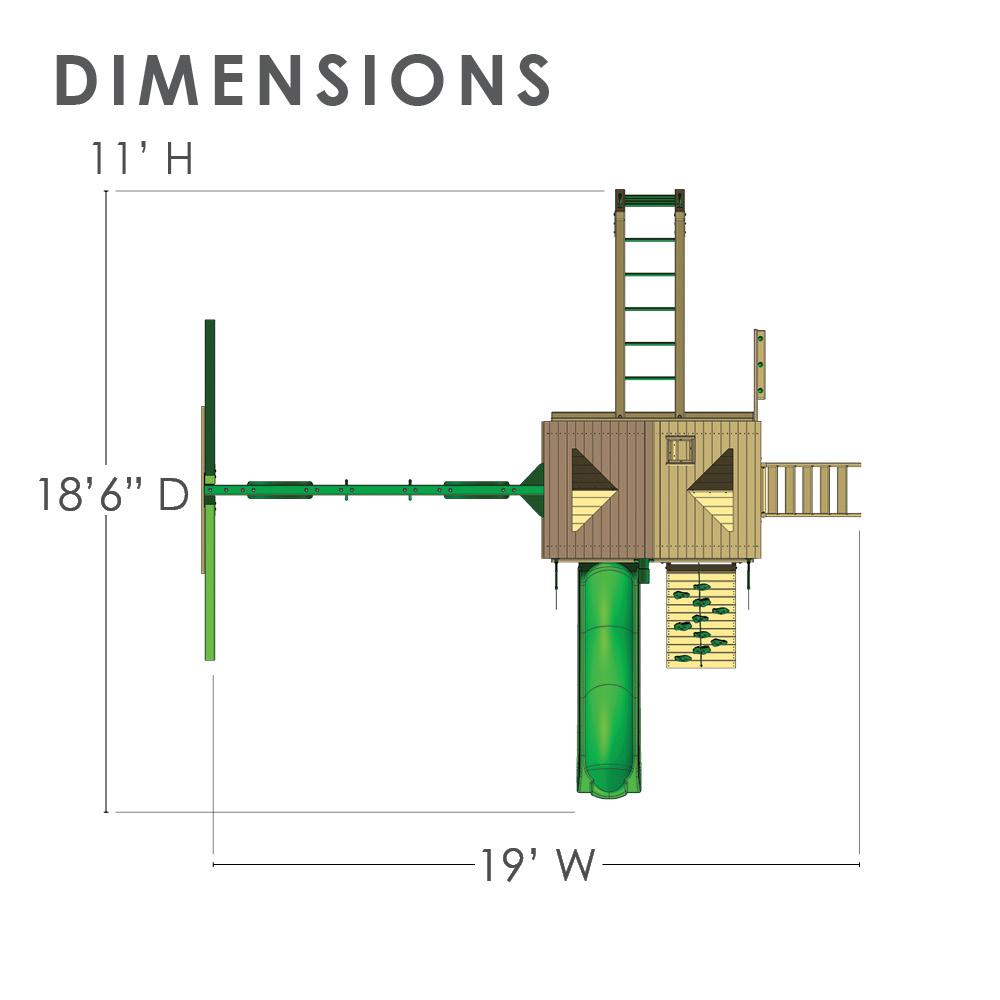 Overhead view of wooden swing set with green vinyl canopy, slide, rock wall, monkey bars, rope ladder, and tic-tac-toe panel