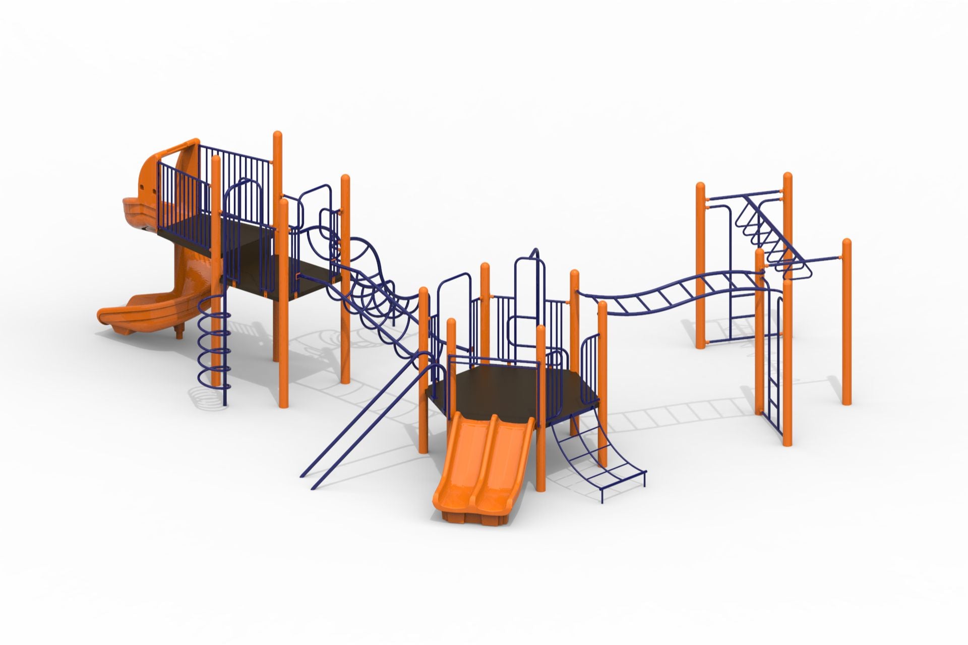 Modular playground with orange slides, blue climbing bars, spiral ladder, and monkey bars from an angled view