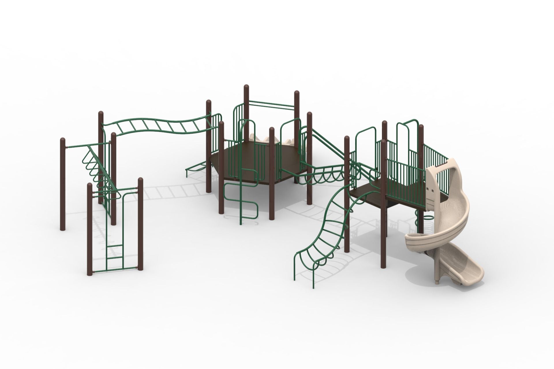 Nicole Modular Playground with natural beige spiral slide, green climbing bars, and brown heavy-duty uprights in open play area