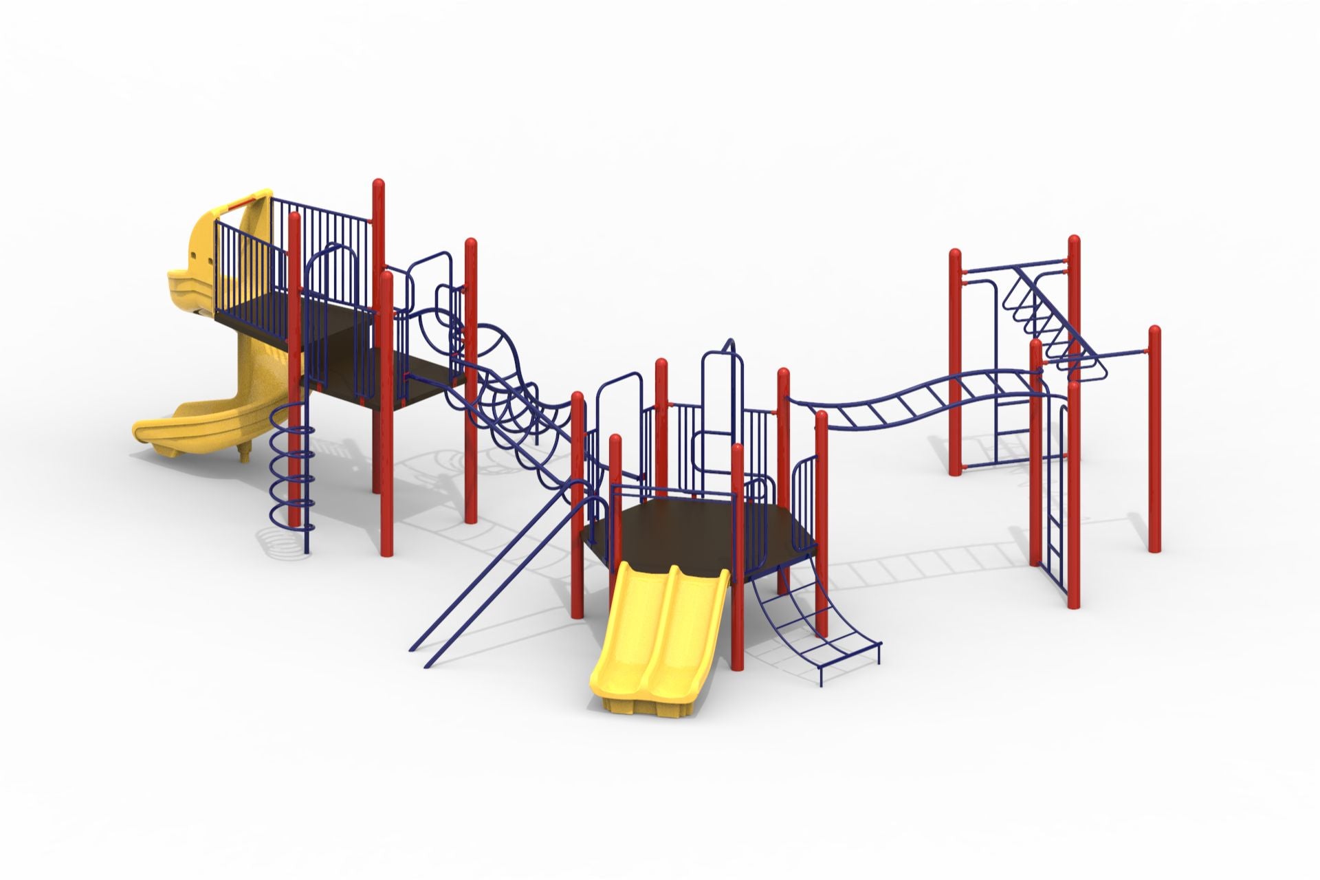 Modular playground with red posts, blue climbing structures, and yellow slides offering multiple climbing and sliding activities