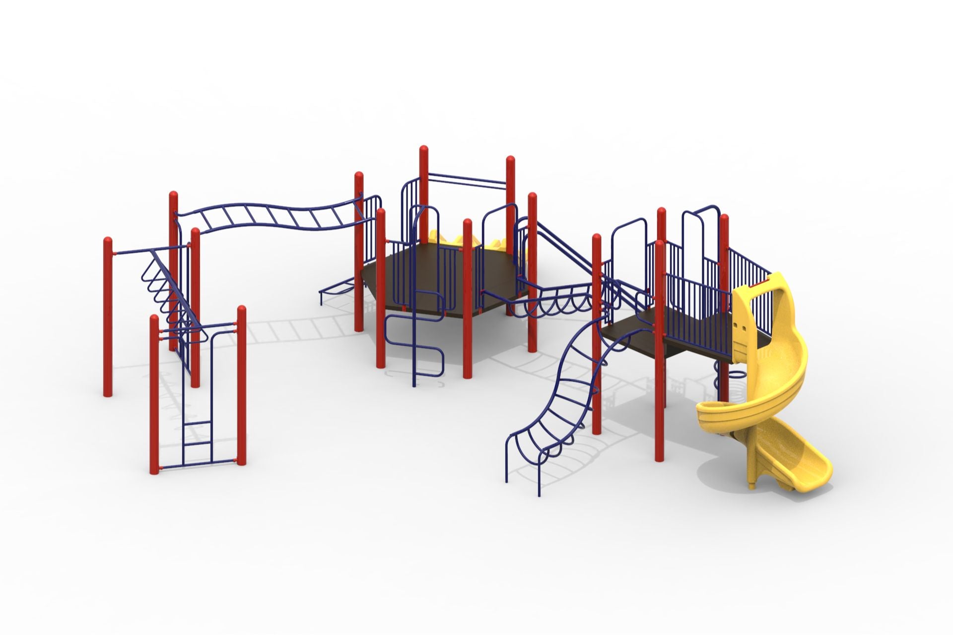 Modular playground with red uprights, blue climbing structures, and a yellow spiral slide on a flat surface