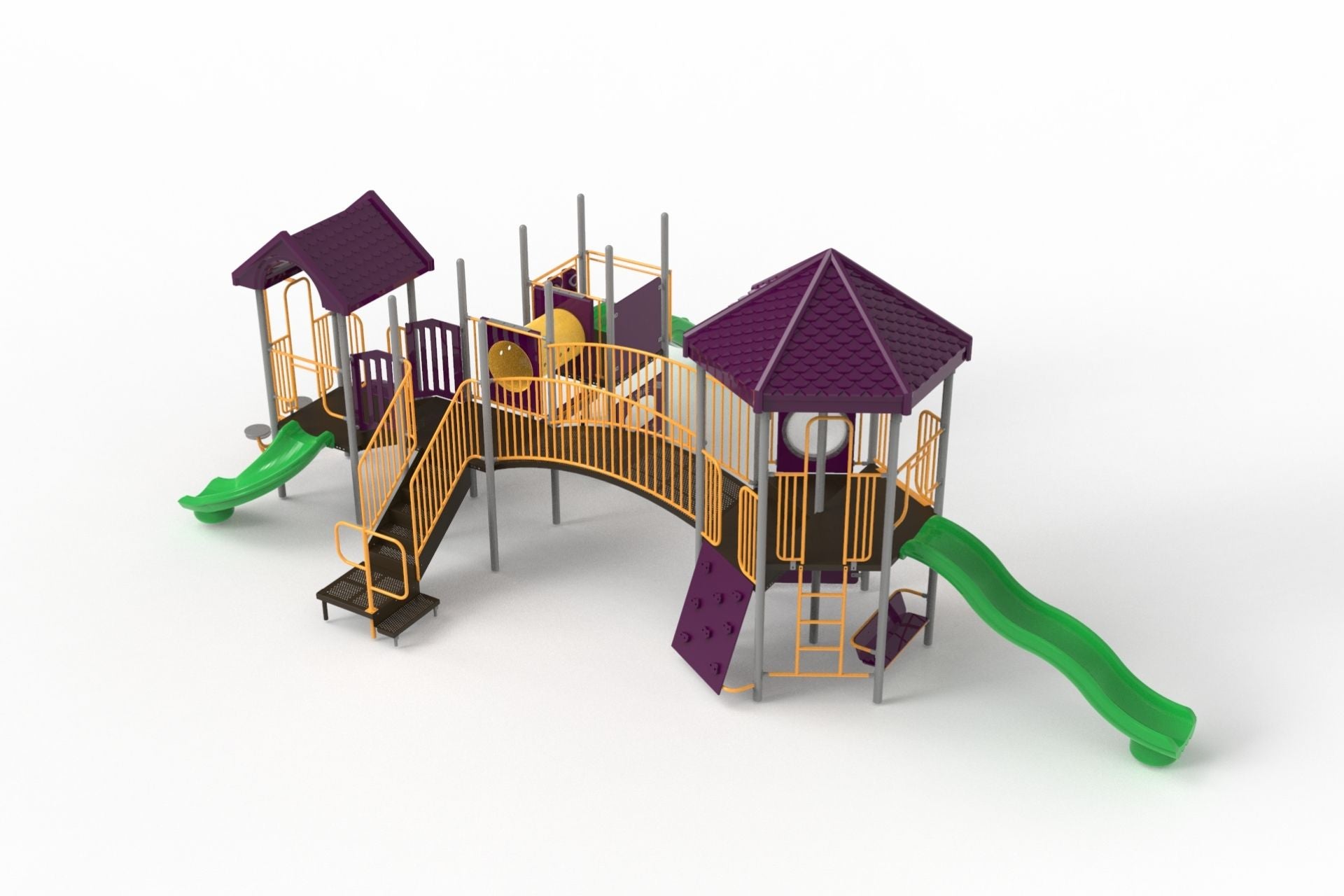 Elevated playground structure with purple gabled and hex roofs, yellow railings, green slides, climbing wall, arch bridge, and interactive panels