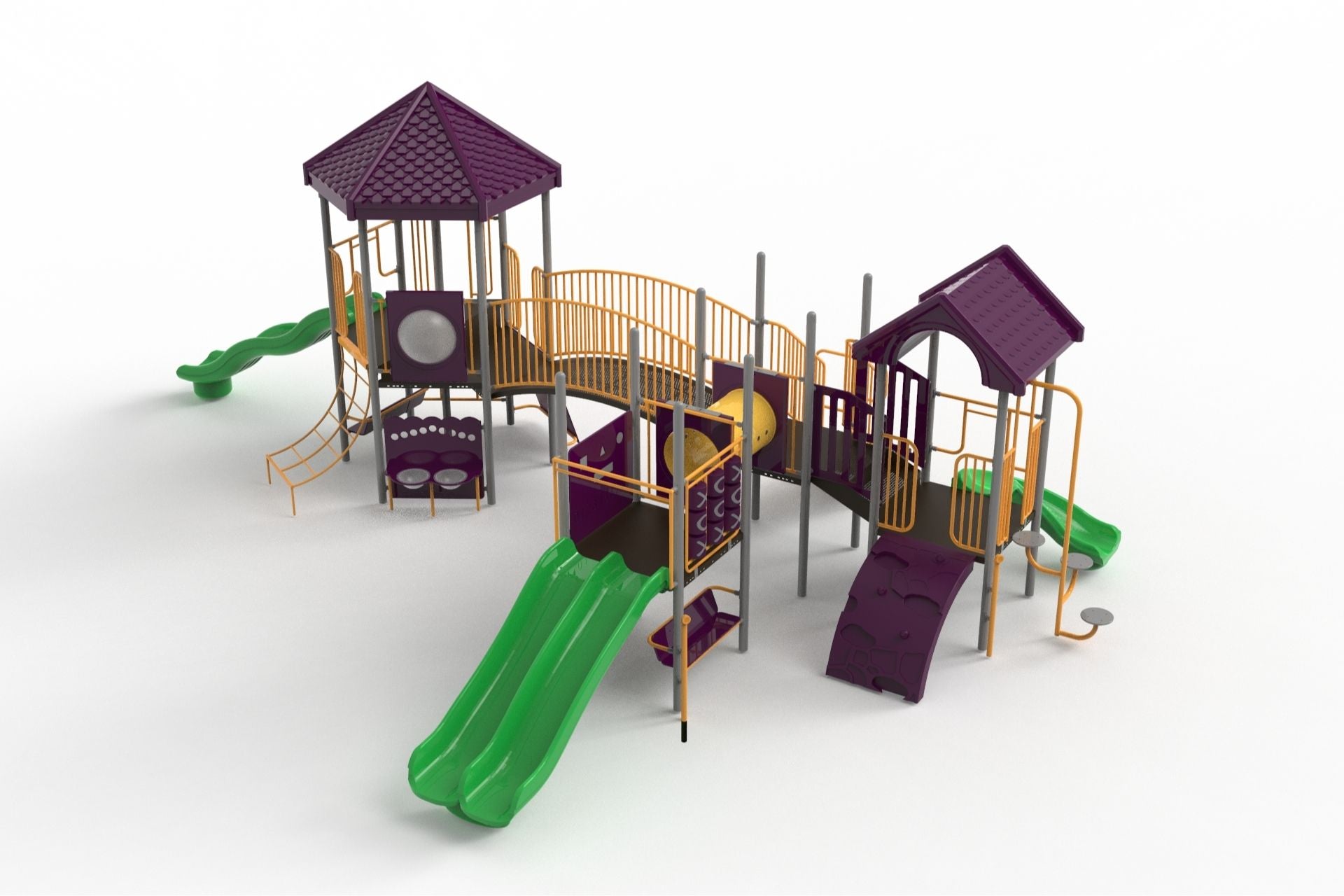 Outdoor playground structure with green slides, purple roofs, yellow railings, climbing walls, and multiple play panels