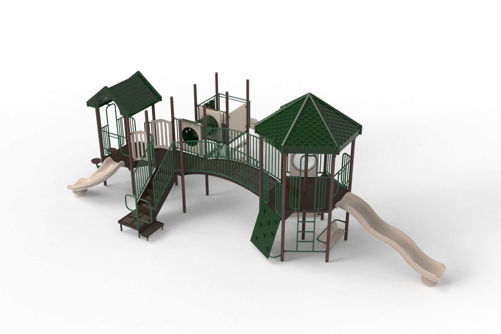 Elevated playground structure with green roofs, beige slides, climbing wall, arch bridge, and multiple interactive play panels