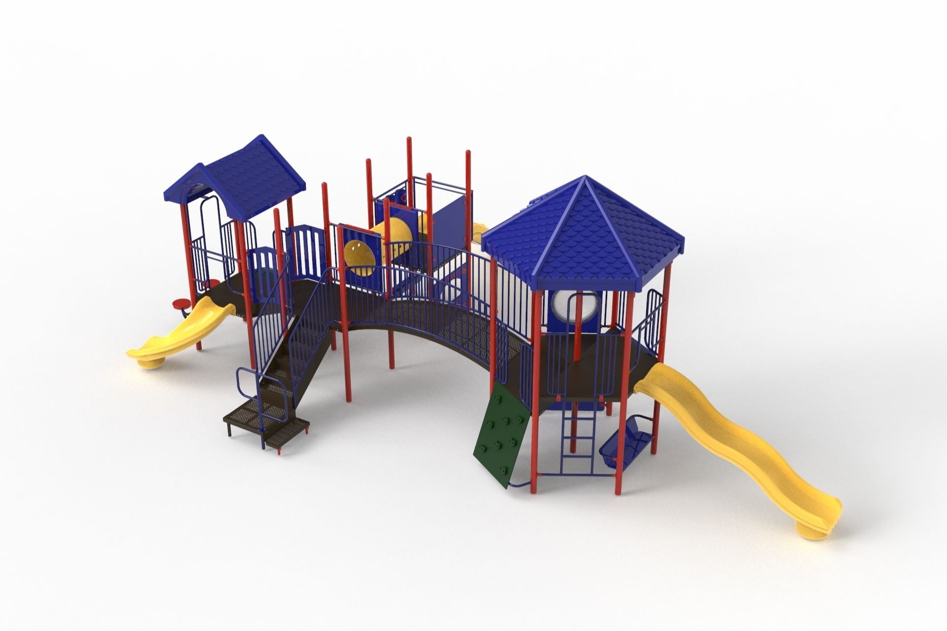 Colorful playground structure with blue gabled roofs, yellow slides, red poles, climbing wall, bridge, and interactive activity panels.