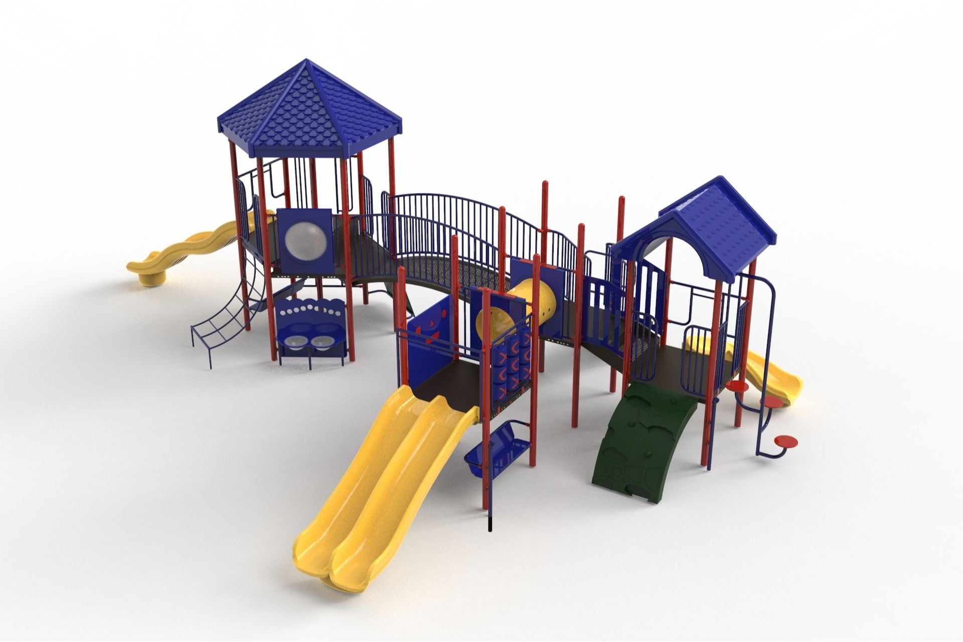 Colorful playground structure with multiple slides, climbing walls, tunnels, bridges, and interactive panels in blue, yellow, red, and green.