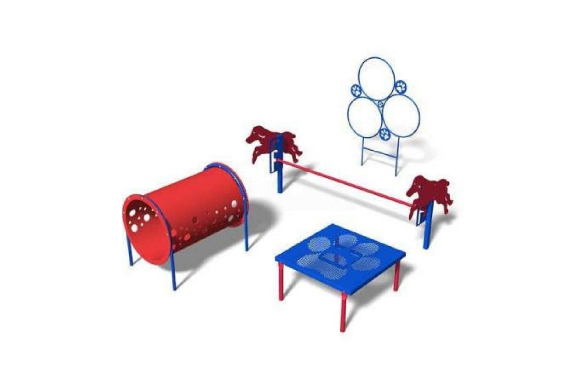 Novice Dog Exercise Course with red crawl tunnel, blue grooming table, red jump bar featuring dog silhouettes, and blue hoop jump at dog park