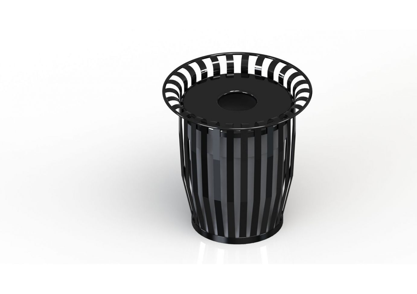 Black metal trash receptacle with vertical slats, flared top, and circular lid featuring center opening