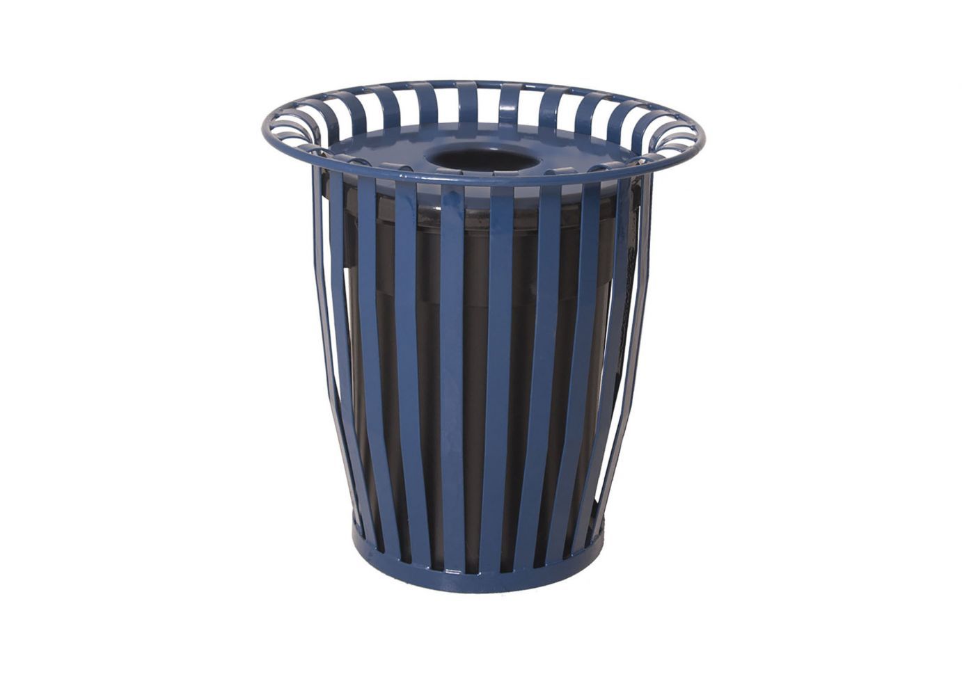 Oxford Receptacle outdoor trash bin with smooth vertical slats, flared top, and black liner for park and playground use