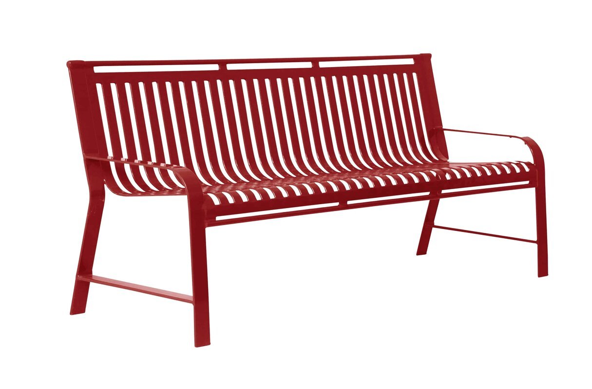 Red metal outdoor bench with slatted seat and backrest, armrests, and welded steel frame for durability.