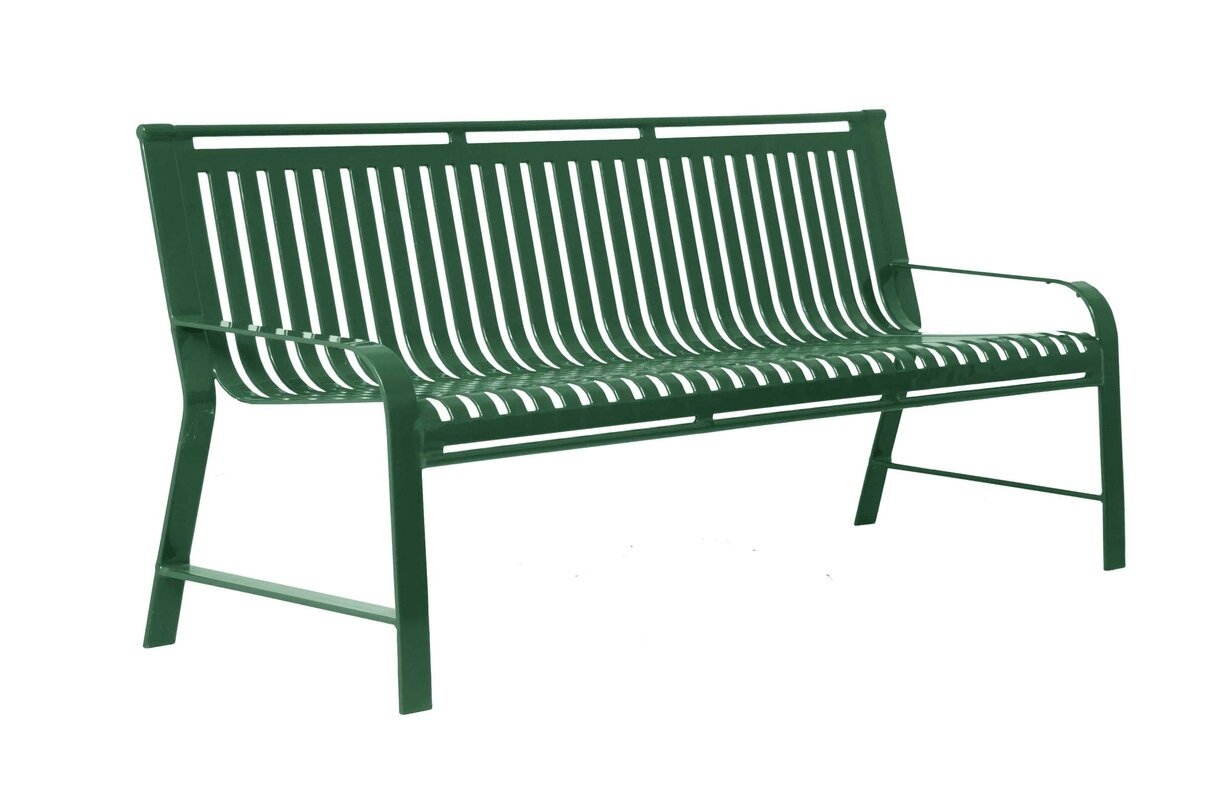 Green metal outdoor bench with vertical slats, backrest, armrests, and sturdy welded steel frame