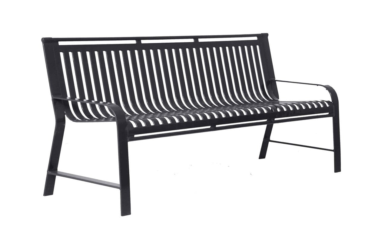 Black metal outdoor bench with vertical slats, armrests, and supportive backrest for public spaces and parks