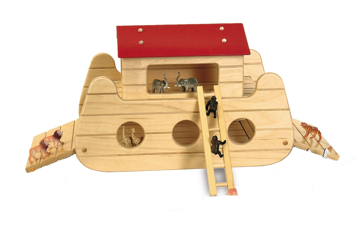 Noah's Ark wooden toy with red roof, open sides, ladder, and small animal figures including elephants, lions, giraffes, and tigers