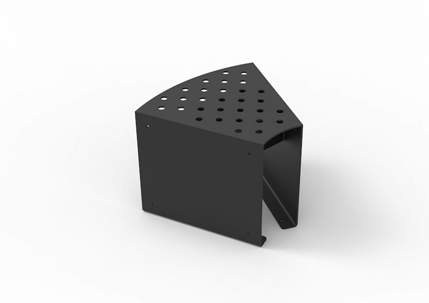 Black powder-coated modular bench segment with perforated circular pattern and angular modern design.