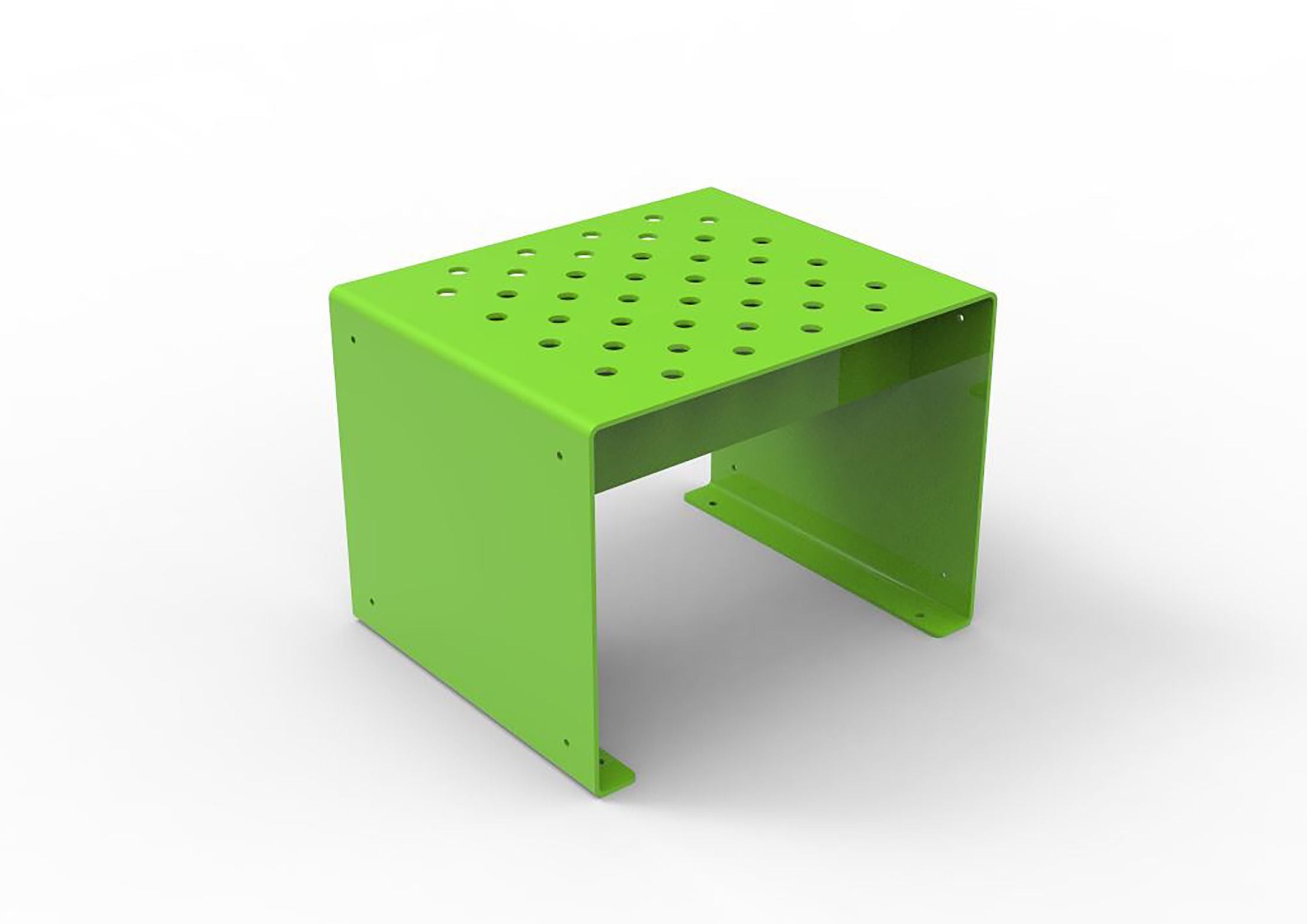 Green powder-coated steel outdoor bench with perforated seat and sturdy welded frame, angled view