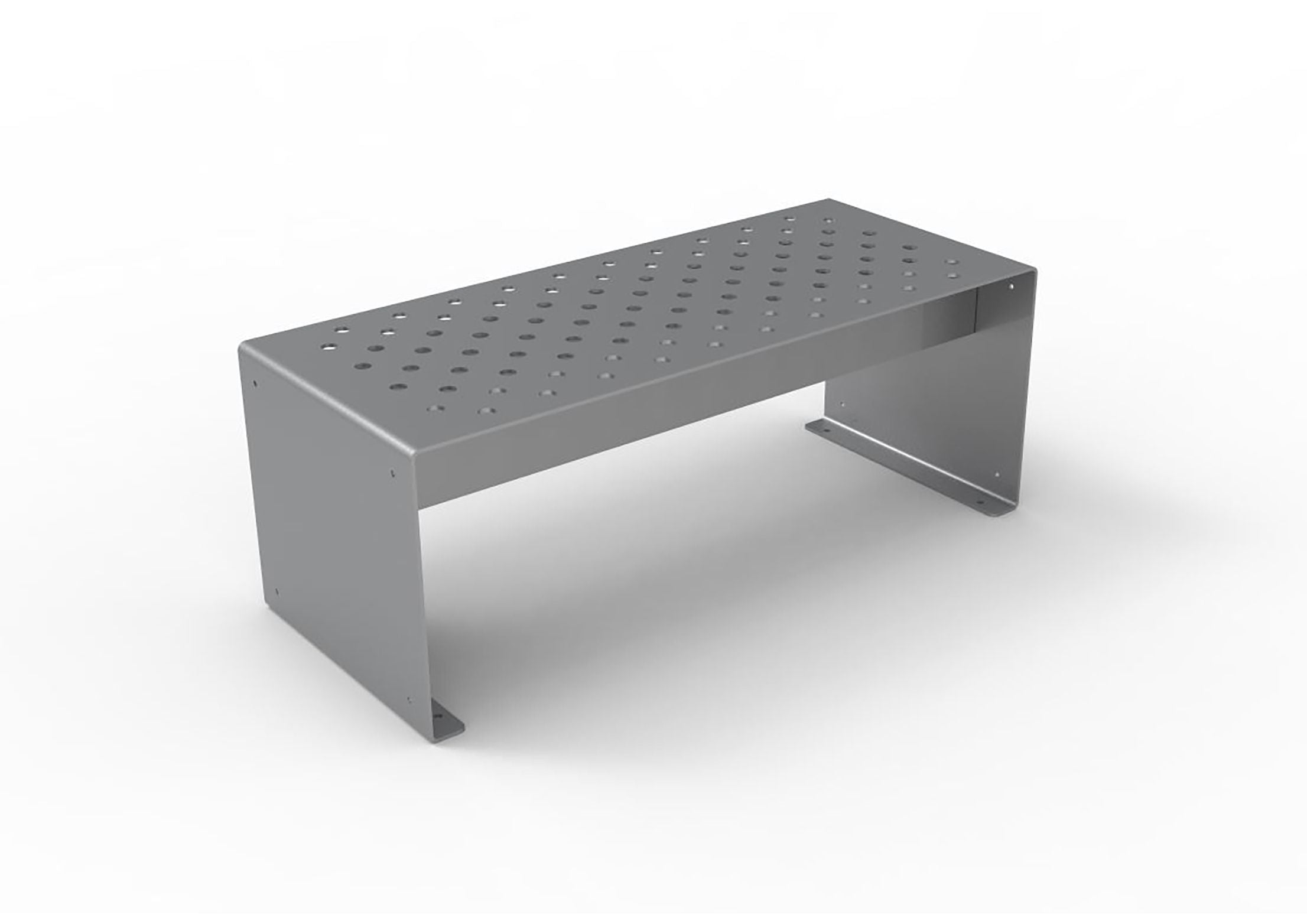 Modern gray metal outdoor bench with perforated seat and sturdy angled side panels, designed for durability and style.