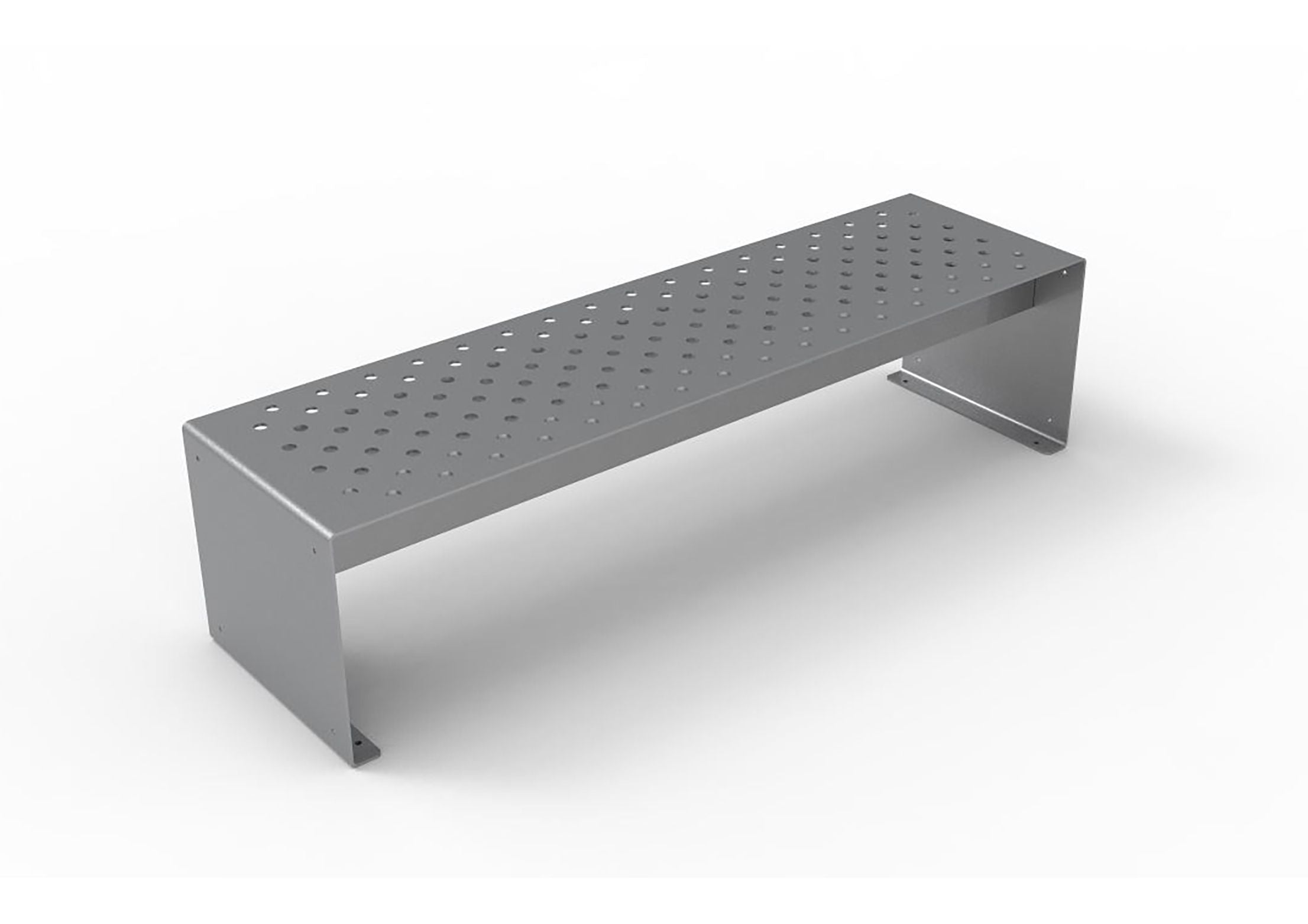 Pasadena Straight Bench without Back, sleek gray powder-coated steel with perforated seat, modern outdoor park bench
