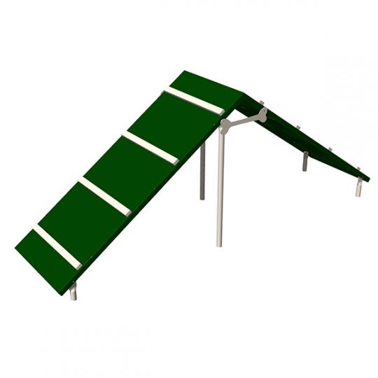 Green dog agility teeter totter with white grip strips and metal support legs for outdoor exercise courses