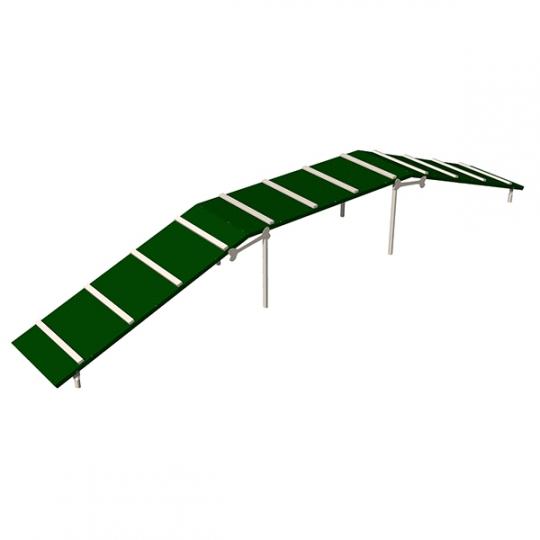 Elevated dog walk ramp with green slip-resistant thermoplastic surface and white traction strips on metal legs