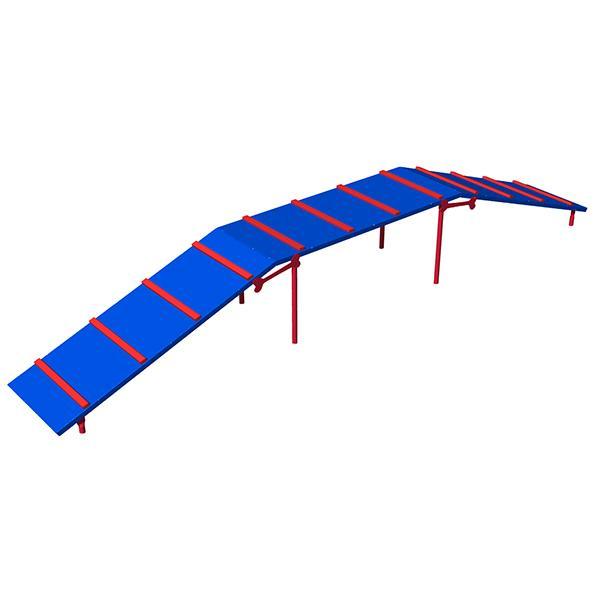 Elevated dog agility ramp with blue non-slip planks, red safety strips, and red support posts for balance and strength training