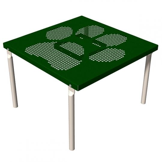 Elevated green dog grooming table with paw print cutouts and white legs, designed for outdoor dog agility courses