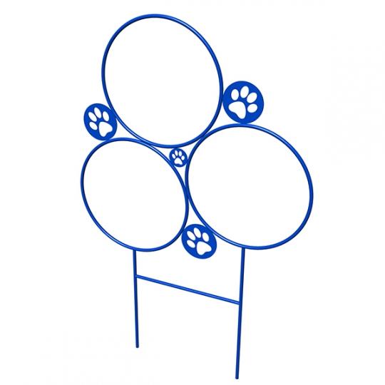 Blue metal hoop jump with four white paw print rings, designed for dog exercise and agility training.