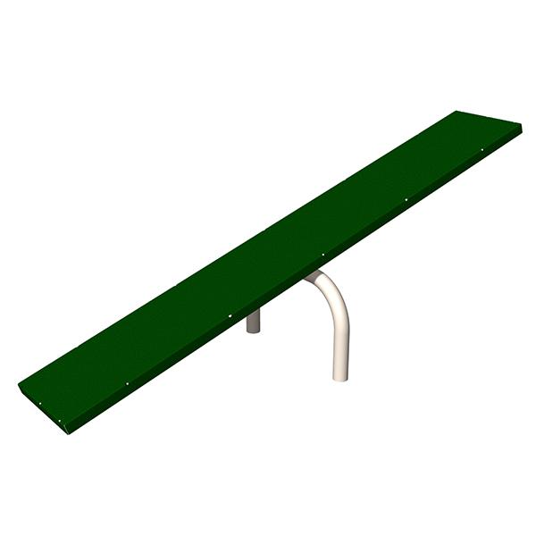 Teeter Totter Dog Exercise Equipment with green slip-resistant surface and sturdy white support for dog balance training