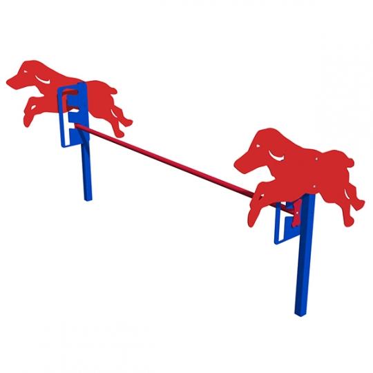 Dog agility jump with red dog-shaped side panels and a horizontal red bar supported by blue posts