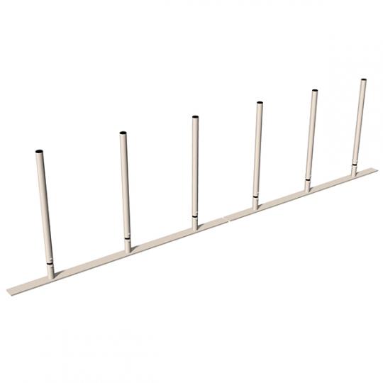 Beige thermoplastic-coated dog agility weave poles with six vertical posts on a long base for training and exercise