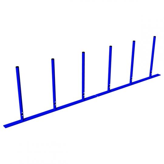 Six blue powder-coated steel dog weave posts mounted on a single base plate for dog agility training