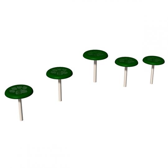 Five staggered green dog agility stepping paw platforms with white supports and slip-resistant thermoplastic coating