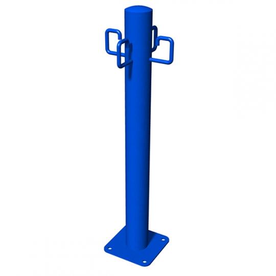 Blue metal leash post with four C-shaped hooks and square mounting base for organizing dog leashes.