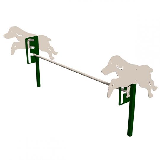 Dog agility jump with green posts and beige dog-shaped cutouts, designed for novice dog exercise courses.