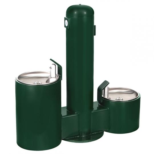 Green steel double dog water fountain with powder-coat finish, two stainless steel bowls, and central column