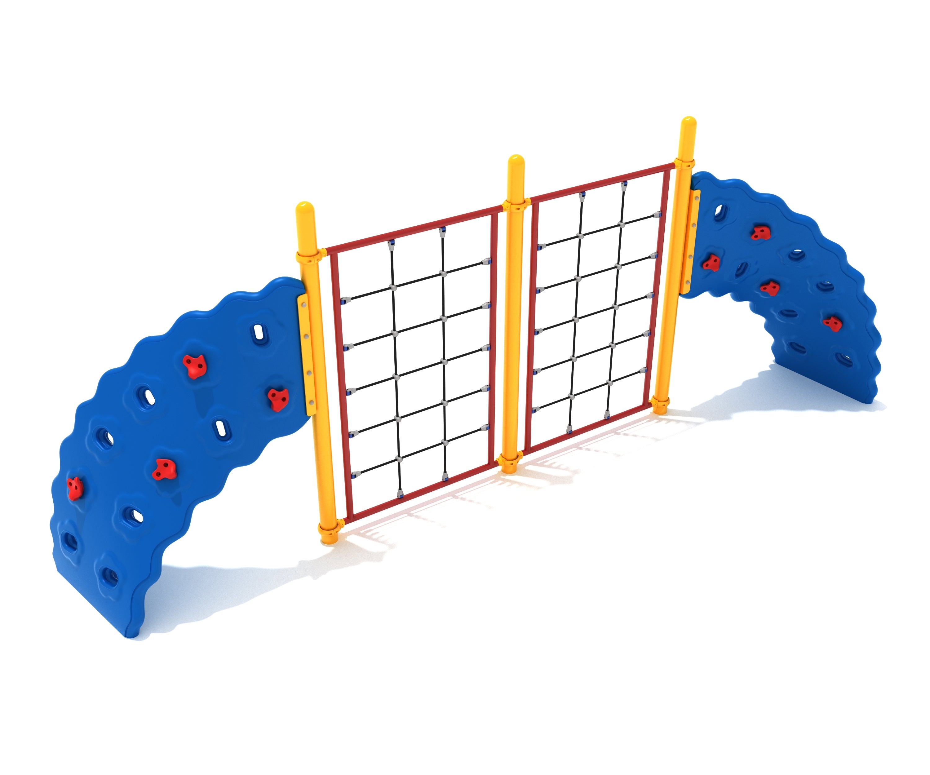 2 Panel Rope Challenger playground equipment with yellow posts, red rope climbing panels, and curved blue rock climbing walls with red holds