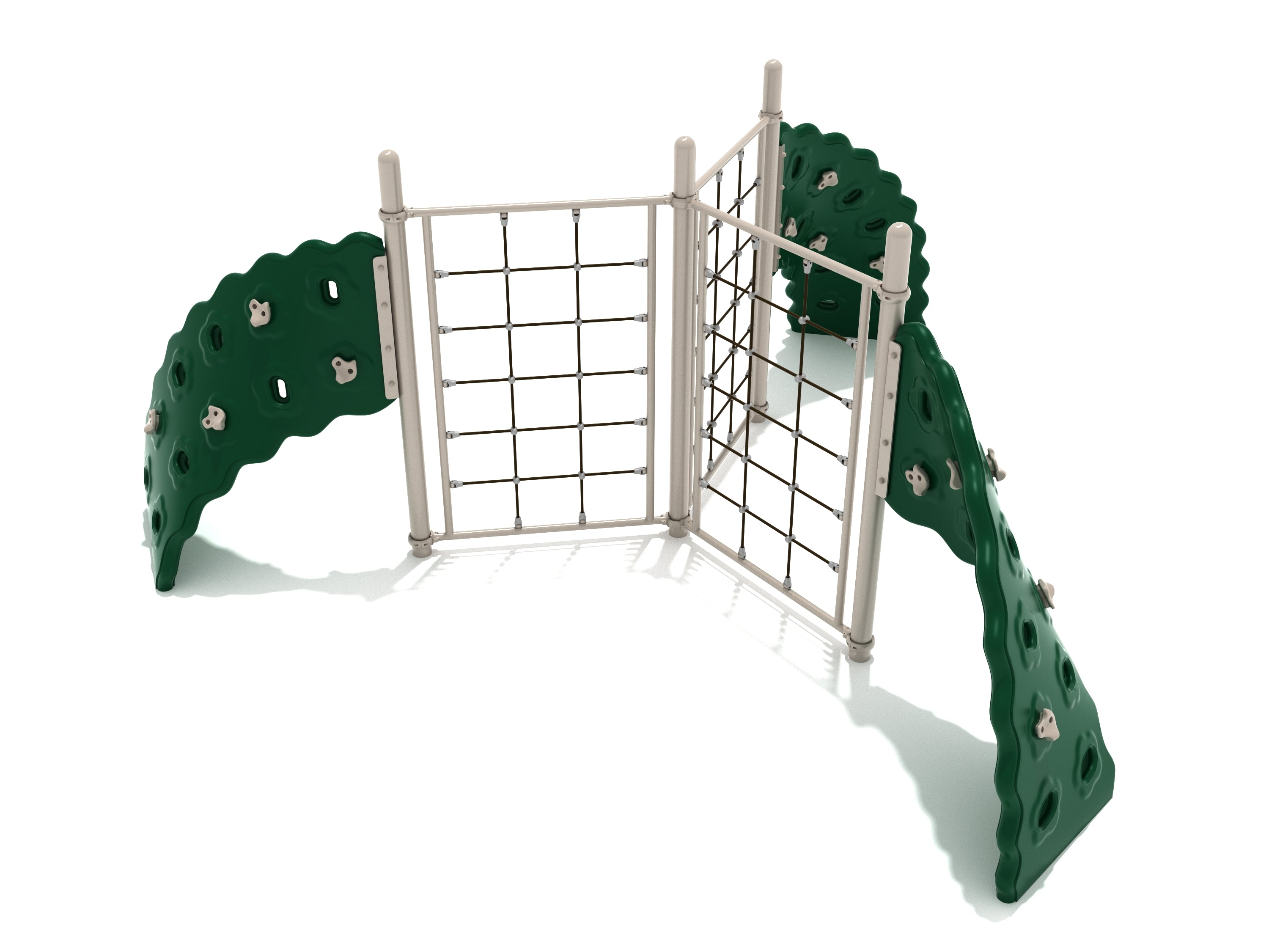 Three-panel playground climbing structure with green curved rock walls and rope net sections for motor skill development