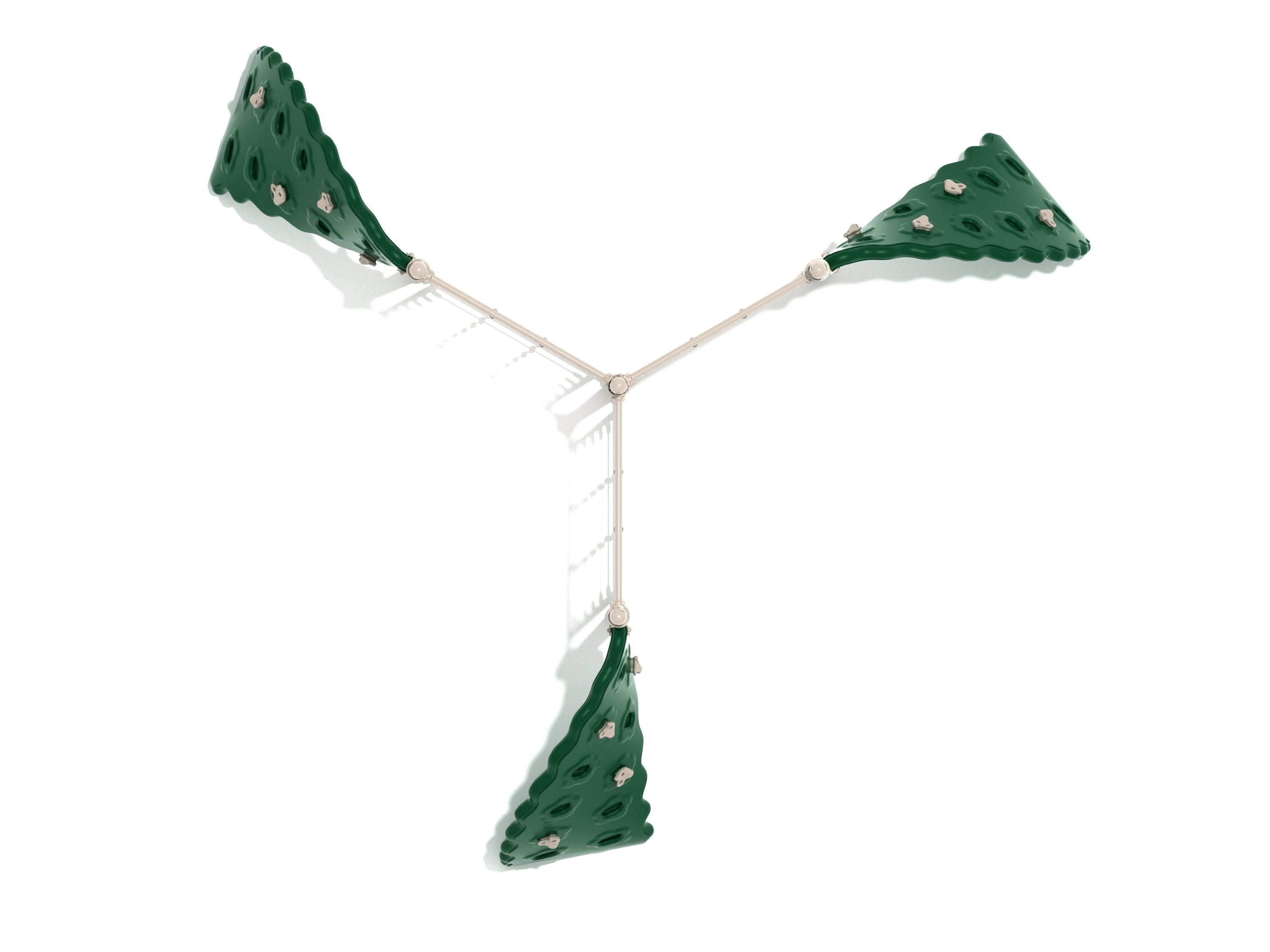 Overhead view of a three-panel climbing structure with green curved rock panels and beige rope ladders