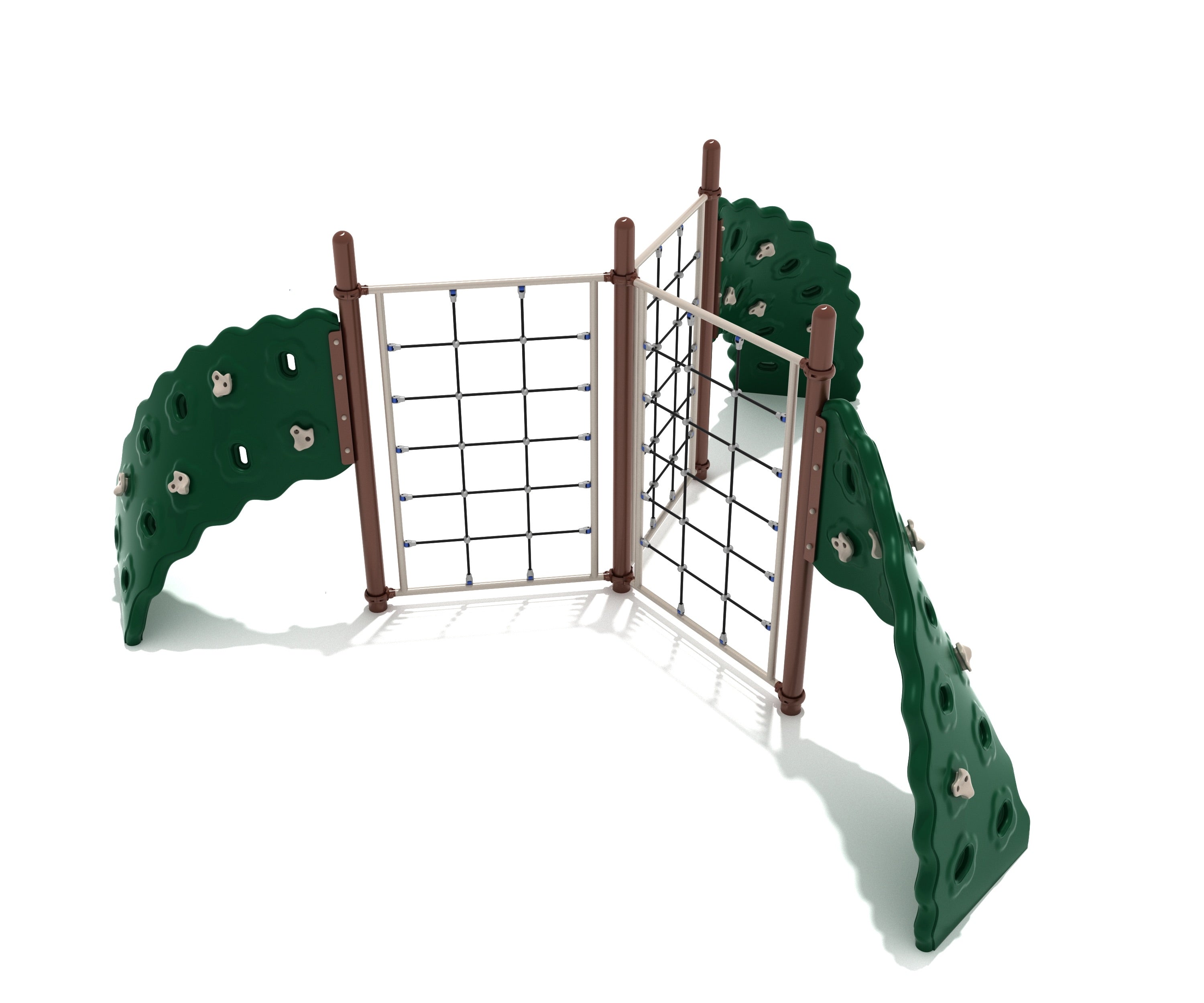 3 Panel Rope Challenger playground climbing structure with three rope panels and curved green rock climbing walls