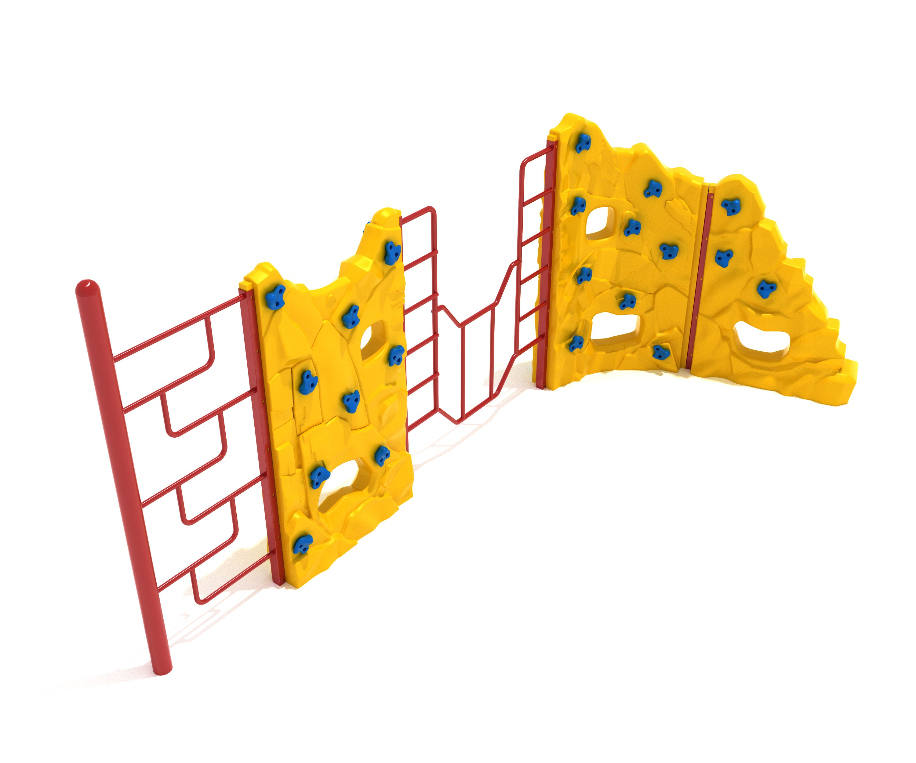 Yellow climbing playground structure with blue handholds, red geo ladders, and multiple climbing routes for active play