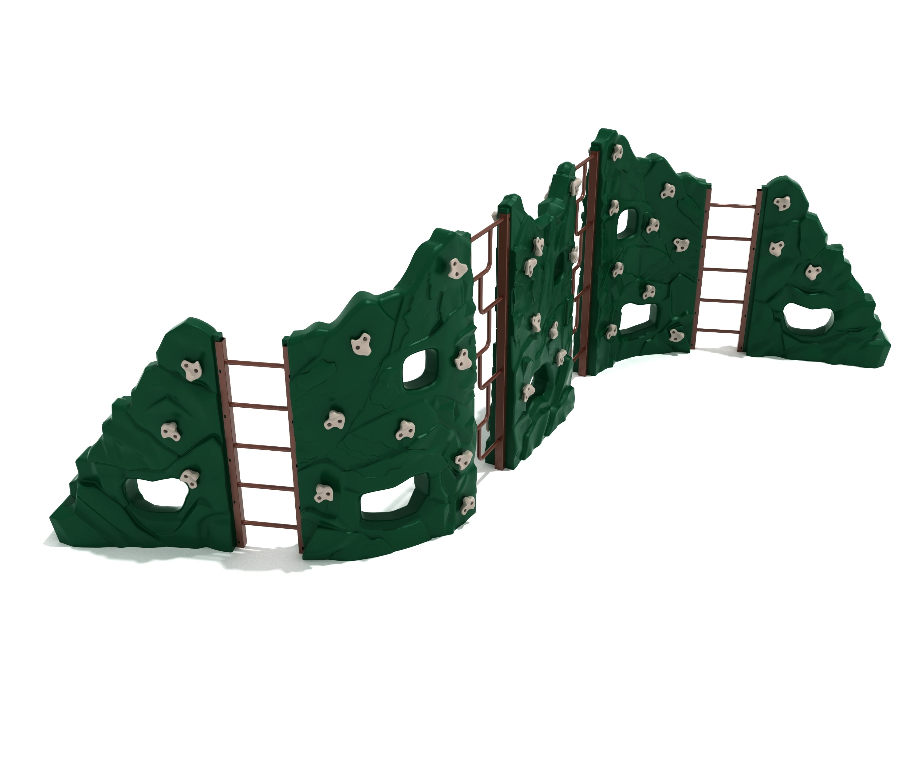 Craggy Alpine climbing playground with five distinct green rock climbing walls and brown Geo Ladders for outdoor play and physical skill development