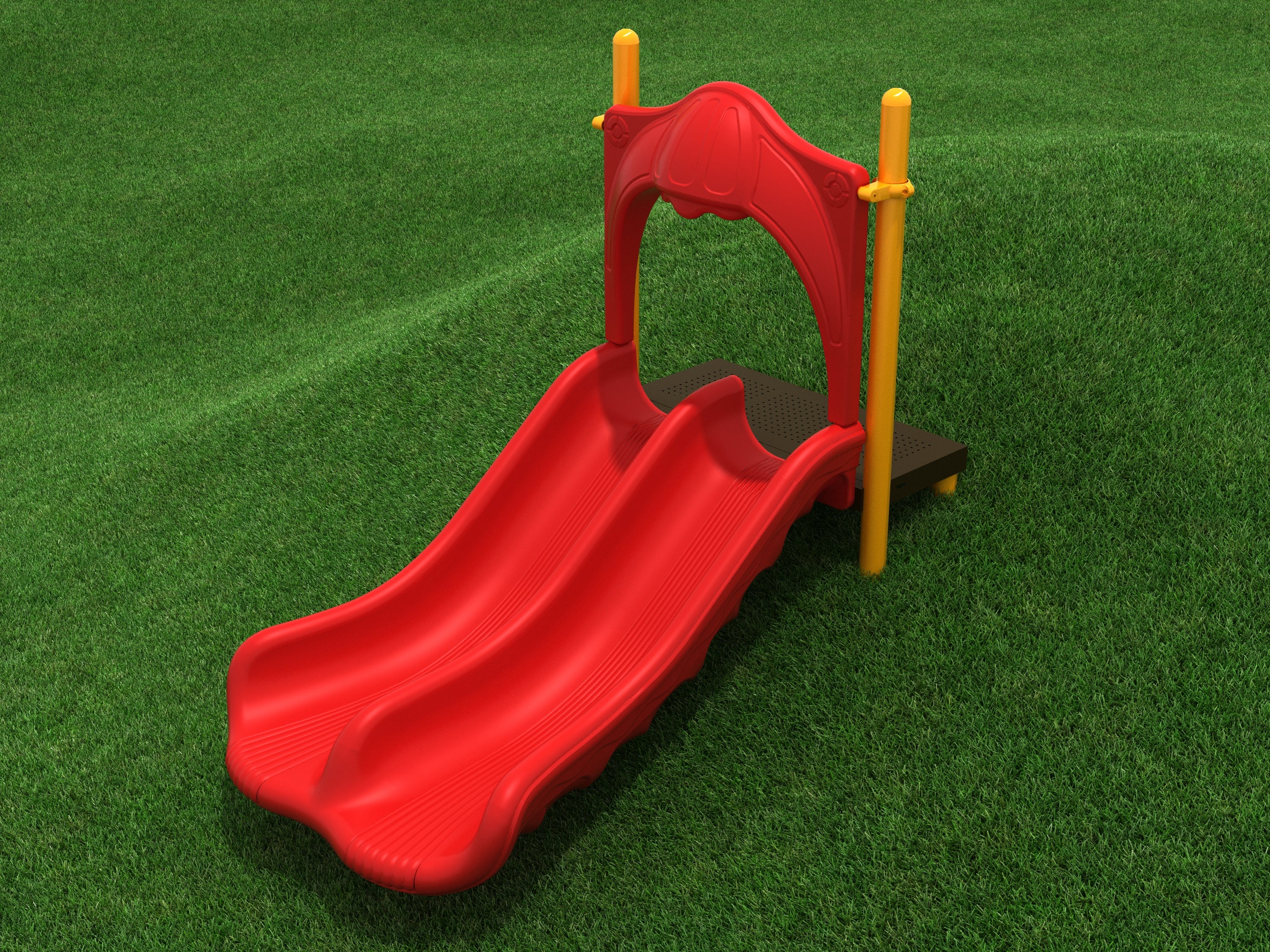 Red double straight playground slide with yellow posts on grassy embankment, designed for side-by-side sliding fun