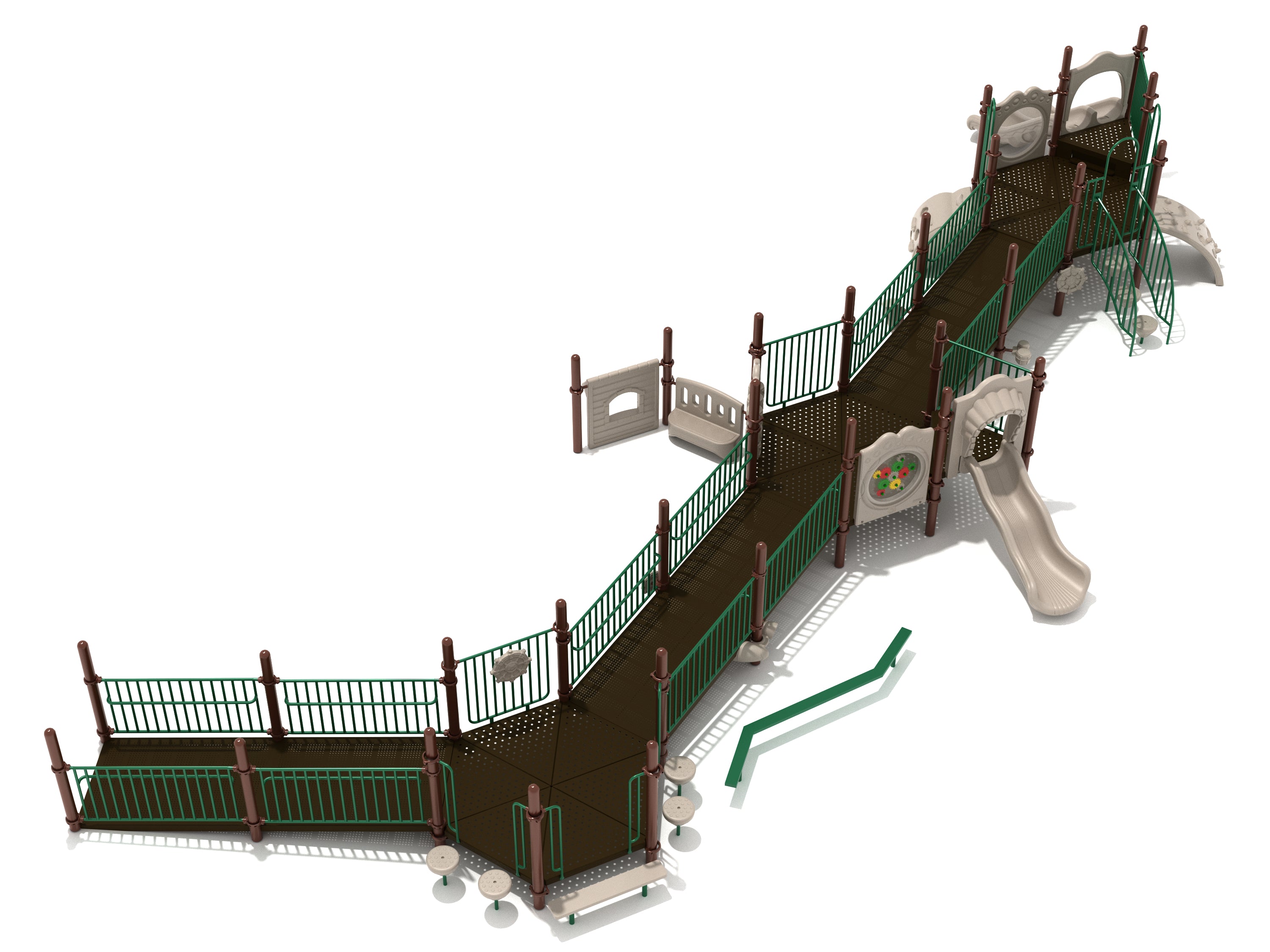 Accessible playground structure with three connected hexagonal decks, ramps, activity panels, and a slide, viewed from an angled perspective.
