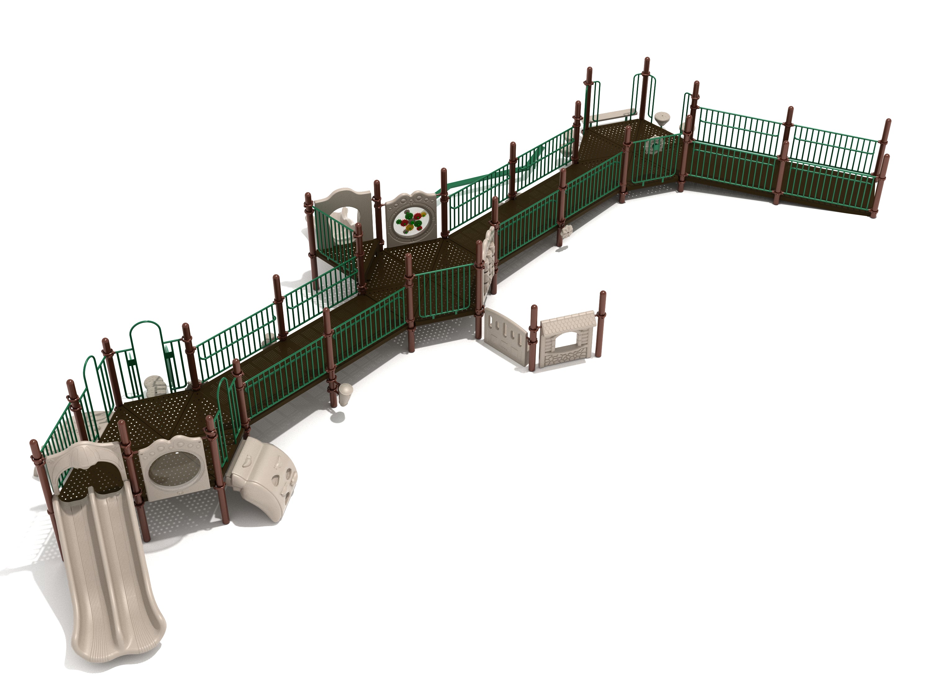 Elevated playground structure with three hexagonal decks, ramps with railings, activity panels, climbers, and dual slides
