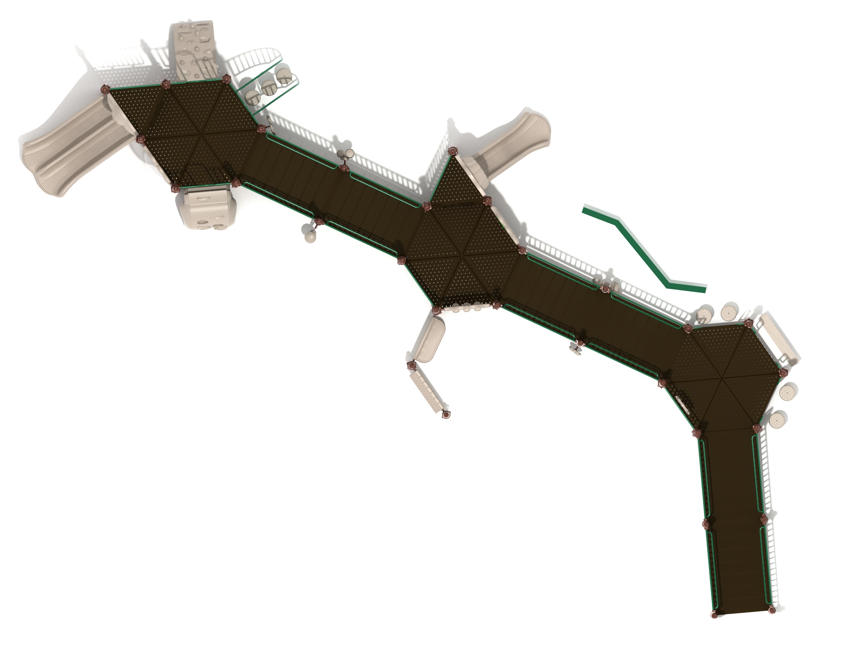 Overhead view of accessible playground with hexagonal decks, ramps, slides, and interactive activity panels for inclusive play.