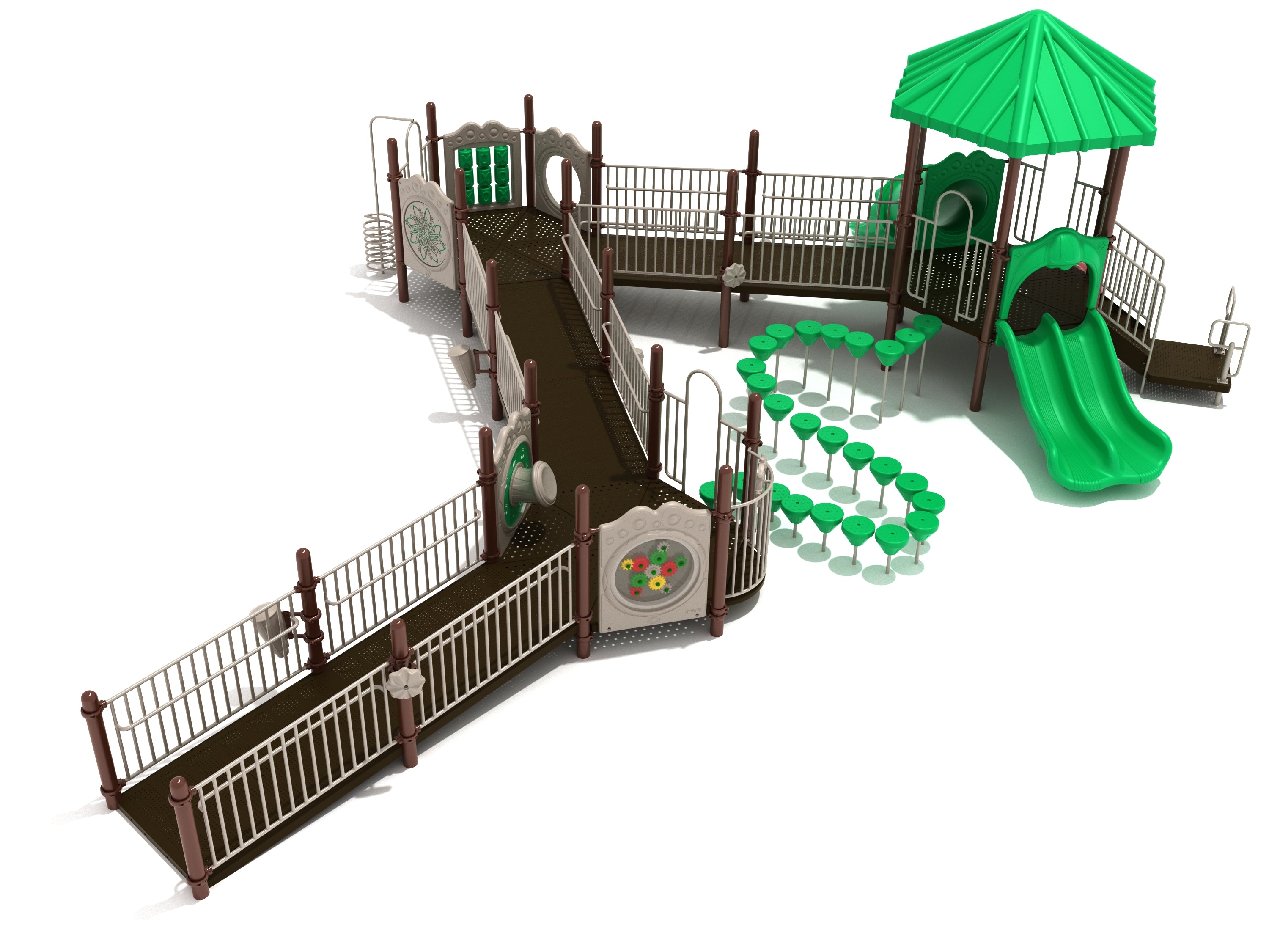Accessible playground structure with ramps, green double slide, activity panels, and curved stepping pods