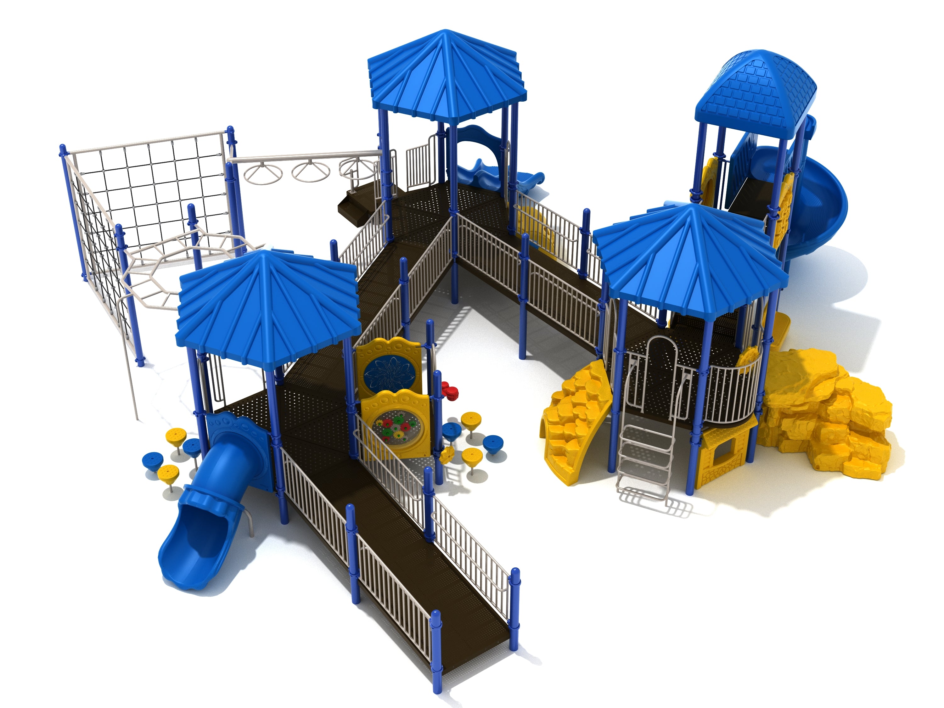 Elevated accessible playground structure with blue hex roofs, ramps, slides, climbing nets, and activity panels