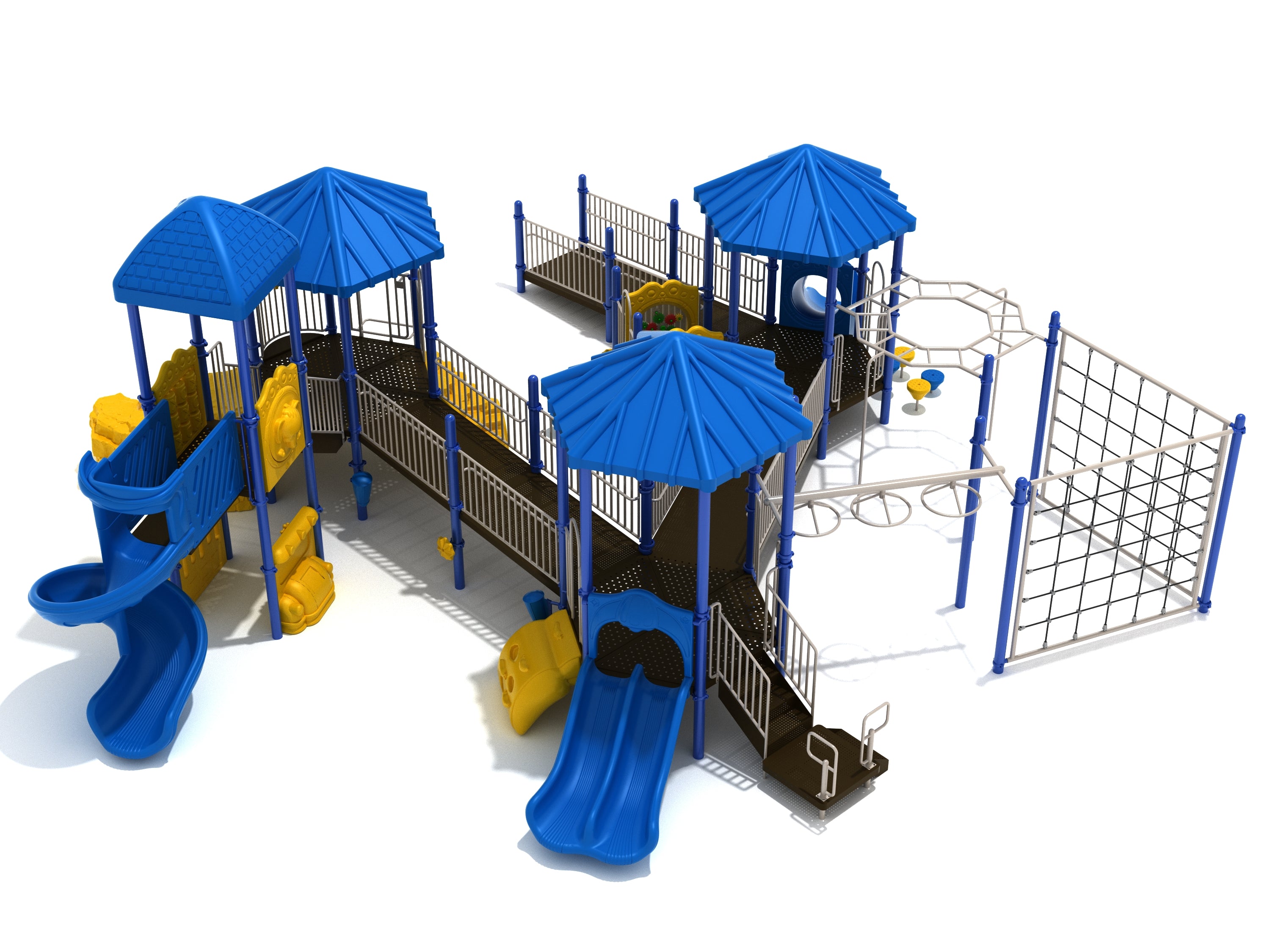 Quaker Mill Playground with blue hex roof toppers, accessible ramps, multiple slides, climbing nets, and activity panels