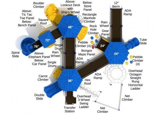 Overhead view of inclusive playground with blue and yellow ramps, slides, climbers, and activity panels designed for accessibility