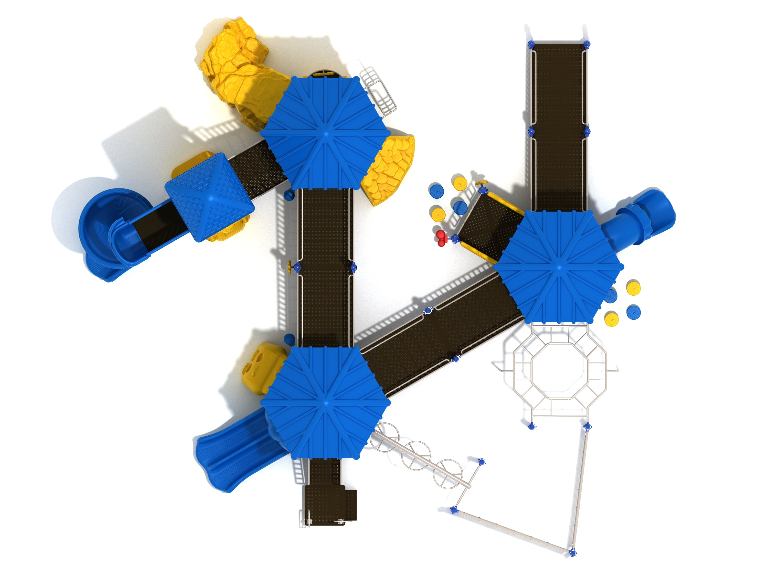 Overhead view of accessible playground with blue hexagonal roofs, ramps, multiple slides, and diverse climbing features